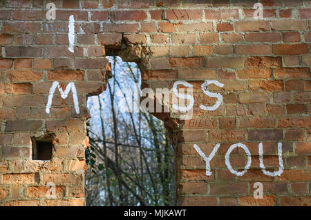 Person geformtes Loch in einer alten Mauer mit den Worten "Ich Vermisse Dich" um es gemalt. verwischt Laub im Hintergrund Stockfoto