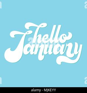 Hallo Januar Schriftzug. Elemente für Einladungen, Poster, Grußkarten. T-shirt Design. Seasons Greetings. 70 s Typografie Retro Stil Stock Vektor