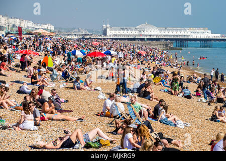 Rekordtemperaturen und riesige Massen auf der Bank Holiday Samstag am Strand von Brighton. Stockfoto