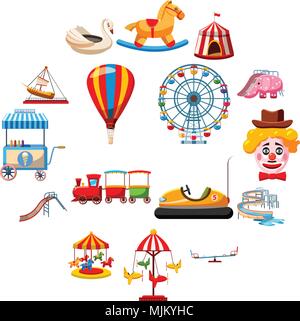 Vergnügungspark Symbole im flachen Stil. Anziehung Park Sammlung Vector Illustration Stock Vektor