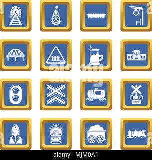 Zug Eisenbahn Icons Set Vector blaues Quadrat auf weißem Hintergrund Stock Vektor