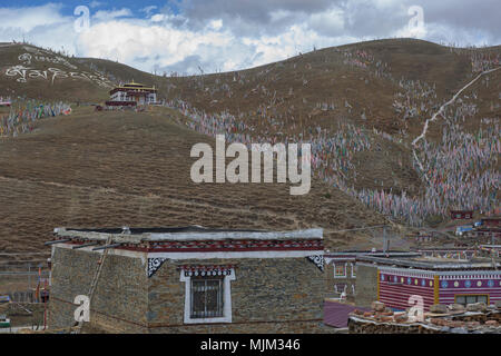 Hunderte Gebetsfahnen über den Ser Gergyo (Ani Gompa) Nonnenkloster, Tagong Grasland, Sichuan, China Stockfoto