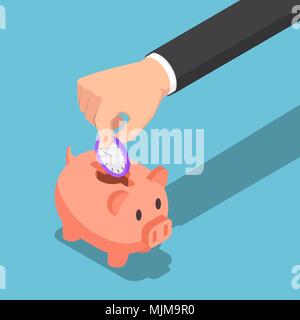 Wohnung 3 d isometrische Geschäftsmann Hand in Sparschwein zu sammeln. Zeit-management Konzept. Stock Vektor