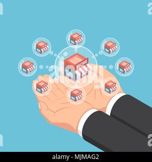 Wohnung 3 d isometrische Geschäftsmann Hände halten store Netzwerk blasen. Franchise business System Konzept. Stock Vektor