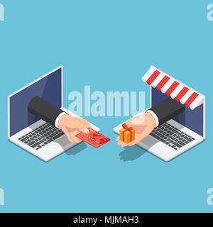 Wohnung 3 d isometrische Geschäftsmann Hand kommen von laptop Monitor und Kreditkarte können Sie online einkaufen. Online Shopping und Zahlung Konzept. Stock Vektor
