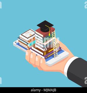 Wohnung 3 d isometrische Geschäftsmann Hand mit Buch und skalenhaube Smartphone. Online Bildung und e-learning Konzept. Stock Vektor