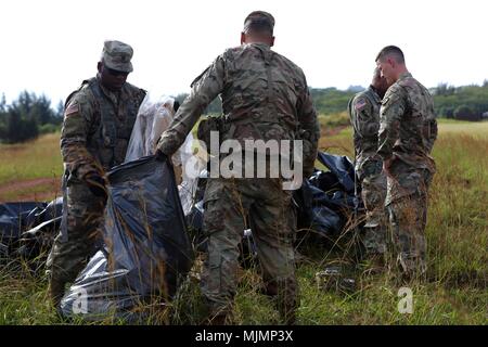 SCHOFIELD Kasernen, Hawaii - Soldaten der 2. Brigade Combat Team, 25 Infanterie Division Pick-up Die stauholz aus dem niedrigen Kosten niedriger Höhe (LCLA) lädt vom 25. sustainment Brigade 12. Dezember fiel, während der Übung an der Kahuku Training Bereich links. Die LCLA Lieferung Methode wird am Boden Truppen bei weniger Kosten und höhere Genauigkeit als eine der großen Höhe airdrop ist die bevorzugte Methode für leichte Verbrauchsmaterialien zu versorgen. (U.S. Armee Foto von Sgt. Ian Ives, 25 Sustainment Brigade Public Affairs/Freigegeben). Stockfoto