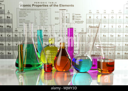 Test Glaskolben und -rohre mit farbigen Lösungen auf dem Periodensystem der Elemente. Laborglas. Wissenschaft Chemie und Forschung Konzept. 3d Stockfoto