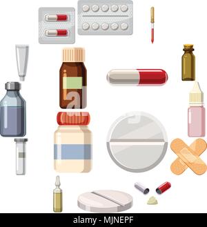 Medizin Medikamente Arten Icons Set, Cartoon-Stil Stock Vektor