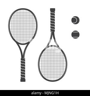 Satz von Tennisschläger und Tennisbälle. Vector Illustration. Racquets Silhouette auf den weißen Hintergrund. Stock Vektor