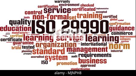 ISO 29990 Word cloud Konzept. Vector Illustration Stock Vektor