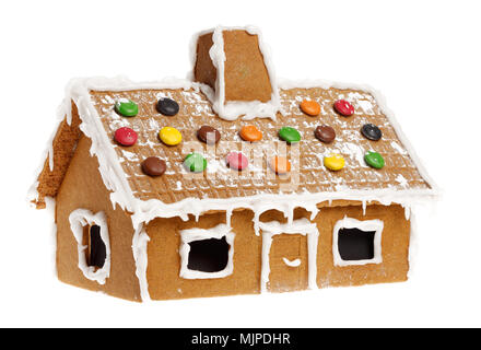 Lebkuchenhaus auf weißem Hintergrund. Stockfoto