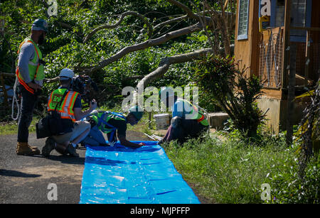 Operation Blue Roof ist eine Katastrophenschutzinitiative, die vom U.S. Army Corps of Engineers geleitet wird, um nach Hurrikanen temporäre Dachdeckungen bereitzustellen. Das Archivbild dokumentiert Besatzungsmitglieder, die am 13. Dezember 2017 in Maguayo, Puerto Rico, verstärkte Kunststofffolien vermessen und schneiden, als Teil des autorisierten Montageprozesses. Stockfoto