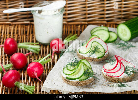 Vielzahl von Mini-Sandwiches mit Frischkäse, Radieschen, Gurken, Dill und Gewürzen. Picknick Snacks. Selektiver Fokus Stockfoto