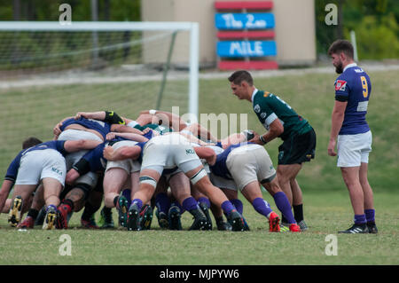 Southern Pines, N. C, USA. 13 Apr, 2018. Mai 5, 2018 - Southern Pines, N.C., USA - Southern Pines große Kegel Zach Miller den Ball in das Gedränge während eines Spiels zwischen den südlichen Kiefern und New Orleans an die 2018 Abteilung 2 Southern Conference Rugby Meisterschaften an der Nationalen Athletisches Dorf. Southern Pines besiegt New Orleans, 71-12 in der Runde der letzten 32 auf den südlichen Konferenz Meisterschaft Morgen voraus. Credit: Timothy L. Hale/ZUMA Draht/Alamy leben Nachrichten Stockfoto