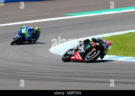 Sonntag, Mai 6, 2018 Einführung der MotoGP-Rennen FRA 5 Johann Zarco, ITA 29 Andrea Iannone, werden der zweite und dritte auf dem Podium, während eines sonnigen und warmen Sonntag Credit: Javier Galvez/Alamy leben Nachrichten Stockfoto