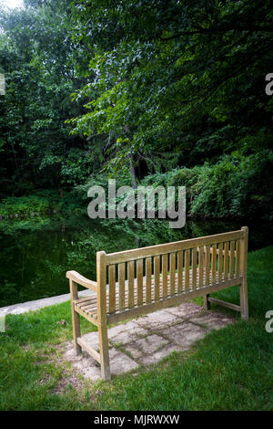 Eine leere Holzbank mit Blick auf einen kleinen Teich, umgeben von Bäumen Stockfoto