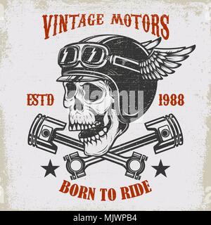 Vintage Motoren. Schwer fahren. Vintage racer Schädel in geflügelten Helm Abbildung auf grunge Hintergrund. Design Element für Poster, Emblem, Zeichen, t shirt. V Stock Vektor