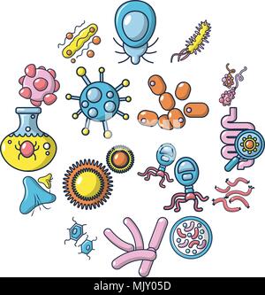 Virus Bakterien Icons Set, Cartoon-Stil Stock Vektor