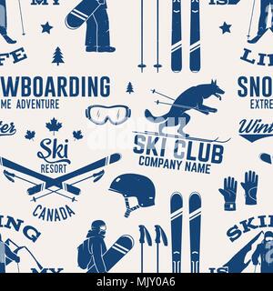 Ski- und Snowboard Club nahtlose Muster. Vector Illustration. Konzept für T-Shirt, Druck, Stempel, Abzeichen oder T-Stück. Vintage Typografie Design mit Snowboarde Stock Vektor