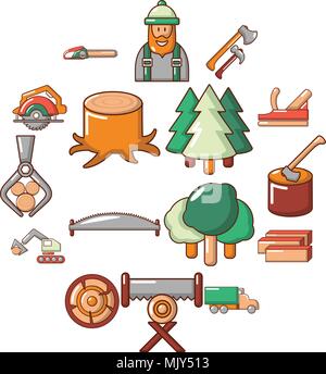 Holz Industrie Icons set, cartoon-Stil Stock Vektor