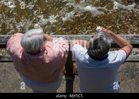 Ein älteres Paar Mann und eine Frau essen Eis auf von oben am Meer an einem sonnigen Tag. Rentner Rentner essen Eis. Sonne. Stockfoto