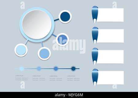 Moderne infograph Labels als Kreis mit vier kleine Kreise im Schatten von blauer Farbe um. Sie können mit einem anderen Rechtecke und der Zeitplan für Sie bereit Stock Vektor