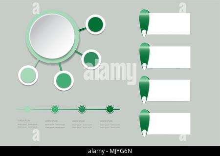 Moderne infograph Labels als Kreis mit vier kleine Kreise im Schatten der grünen Farbe um. Sie können mit einem anderen Rechtecke und Timeline bereit für Yo Stock Vektor