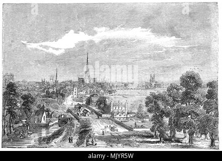 Eine frühe 19. Jahrhundert Ansicht des alten London Durchgangsstraße nach Westminster, ostwärts von der Faser. Auf der linken Seite ist der Eingang zum Covent Garden; auf der rechten Seite das rookery von Durham House; weiter der Palast des Savoy; The Strand Inn; der Tempel; Blackfriars; Schloss; Baynard Old St. Paul's mit der alten Bögen der London Bridge über die Themse. Stockfoto