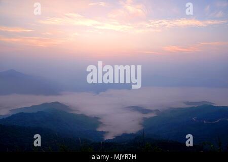 Morgen Berglandschaft mit Welle von Nebel auf dem Gipfel des Berges mit der Blick in die nebligen Tal bei Doi Pha Tang, Chiangrai, Thailand Stockfoto