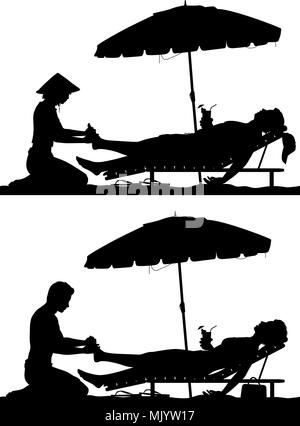 Editable vector Silhouetten von ein Mann und eine Frau am Strand Ferienhäuser, eine Fußmassage mit Zahlen als separate Objekte Stock Vektor