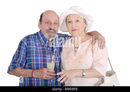 Portrait von Senior Paar nehmen einen Drink. Travel Concept. Isoliert weißer Hintergrund Stockfoto