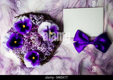 Violette Blumen Anordnung auf lila Textil Draufsicht Stockfoto