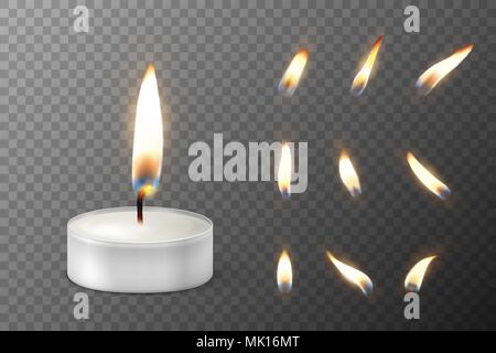 Vector3d Brennen realistisch Kerze oder Teelicht und verschiedene Flamme einer Kerze Icon Set closeup auf Transparenz grid Hintergrund isoliert. Teelicht oder Kerze in einem Fall. Design Template, clipart für Grafiken. Happy Diwali Festival, Geburtstag, Hochzeit, Weihnachten, Dekoration etc. Stock Vektor