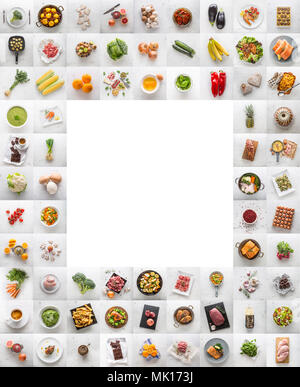 Collage von verschiedenen Lebensmitteln und Zutaten. Assotment Gemüse Obst Fleisch Fisch Kaffee Süß und Fett essen. In der Mitte leer weißes Quadrat. Stockfoto