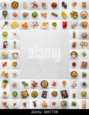 Collage von verschiedenen Lebensmitteln und Zutaten. Assotment Gemüse Obst Fleisch Fisch Kaffee Süß und Fett essen. In der Mitte leeren weißen konkreten Hintergrund. Stockfoto