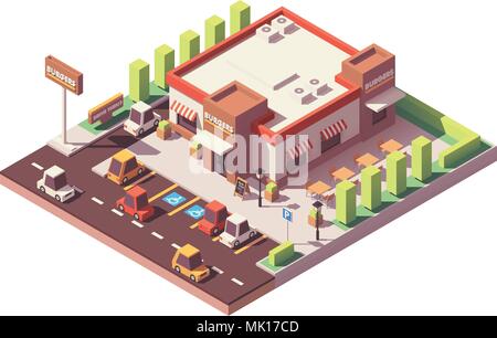 Vektor-isometrische low-Poly-Fastfood-restaurant Stock Vektor