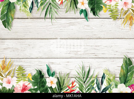 Holz- strukturierten Hintergrund mit Pflanzen und Blumen Grenze Stockfoto