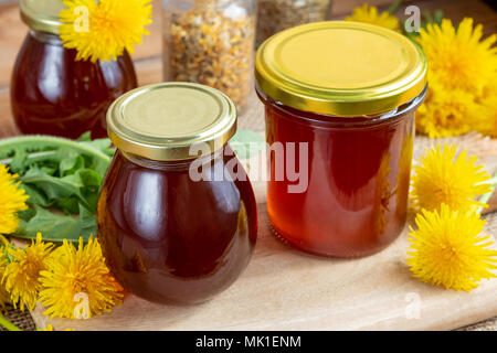 Löwenzahn Honig in Gläsern mit frischen Blumen Stockfoto