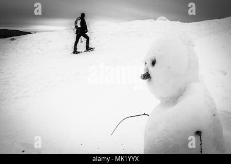 Schwarz und Weiß Schneemann mit Mann im Hintergrund, Col Visentin, Belluno, Italien Stockfoto