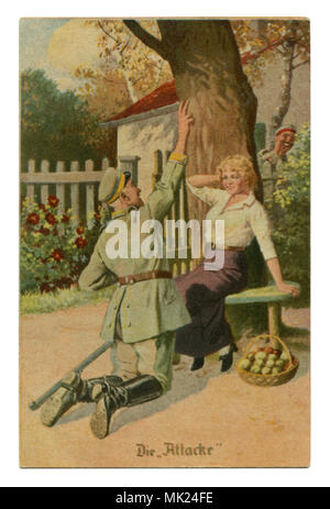 Alte deutsche Postkarte: Militärisch-humoristische Serie 'Immer professionell', №9 "Angriff". Der erste Weltkrieg von 1914-1918, Deutschland Stockfoto