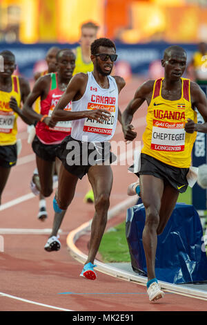 GOLD COAST, Australien - 8 April: Mohammed Ahmed von Kanada konkurrieren in der Männer 5000 m-Finale bei den Gold Coast 2018 Commonwealth Games in Carrara Stad Stockfoto