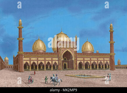 Delhi, Indien. Die Masjid-i Jahan-Numa, bekannt als der Jama Masjid. Es wurde von Großmogul Shah Jahan zwischen 1650 und 1656 gebaut. Kupferstich von Lemaitre, vom Panorama Universal, Indien, 1845. Später Färbung. Stockfoto