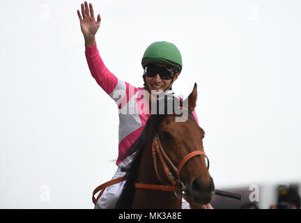 Fuchu, Tokio, Japan. 6. Mai, 2018. Keiai Nautique (Yusuke Fujioka) Pferderennen: Jockey Yusuke Fujioka reiten Keiai Nautique feiert nach dem Gewinn der NHK Meile Cup in Tokio Pferderennbahn in Fuchu, Tokio, Japan. Quelle: LBA/Alamy leben Nachrichten Stockfoto