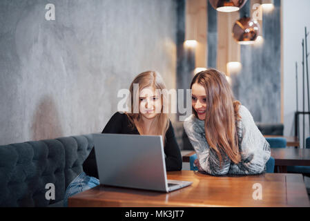 One-on-one Meeting. Zwei junge business Frauen am Tisch sitzen im Cafe. Mädchen zeigt Kollegen Informationen über Laptop Bildschirm. Freunde treffen, gemeinsam das Abendessen. Teamwork, business meeting. Freelancer Stockfoto