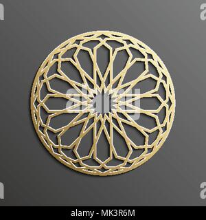 Islamische Mandala 3d Gold Hintergrund auf dunkle runde Ornament. Architektur muslimischen Textur. Broschüren Einladung, persische Motiv Design. Stock Vektor