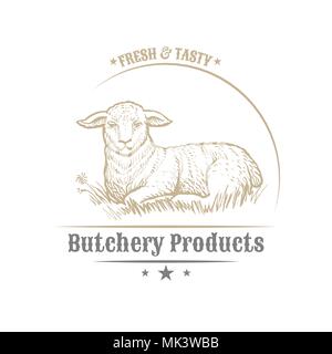 Vintage golden und königliche Emblem von Nutztieren isoliert. Frisch und lecker Lamm Fleisch. Metzgerei Produkte vermarkten. Hand Grafik und Beschriftung. Konzept Vorlage für Branding Stock Vektor