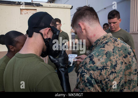 Cpl. Daniel Gettle (rechts), einem chemischen, biologischen, radiologischen und nuklearen (CBRN) Spezialist mit Marine Flugzeuge Gruppe 24, die Marines mit einem M256A 1 Chemical Agent Detector Kit vor einer detaillierten Flugzeugen Dekontamination (DECON) Übung hilft, Marine Corps Base Hawaii, November 8, 2017. Die decon Ausübung des Marines auf korrekte Techniken und Verfahren für die Reaktion auf einen CBRN-Kontamination auf einer statischen Hubschrauber. (U.S. Marine Corps Foto von Cpl. Jesus Sepulveda Torres) Stockfoto