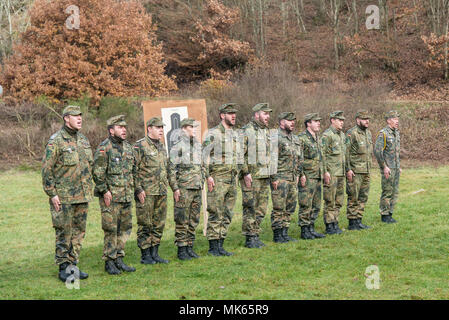 Colonel Timothy G. Bosetti, Kommandeur der 30. medizinische Brigade, in Sembach, Deutschland, und der Kommandant von Sanitätsregiment 2, oberstarzt Fritz Stoffregen, in Koblenz, Deutschland, Gegenwart Waffen Qualifikation Abzeichen und Schützenschnur zu den Soldaten der Einheit ihres Partners Nation in einer Zeremonie, November 15, 2017. An den zwei Tagen der Bereich Event, US-Soldaten und ihre deutschen Kollegen feuerte Pistolen, Maschinenpistolen und Gewehre zu Waffen Qualifikation Abzeichen des Partnerlandes zu erwerben. (Foto von Erich Backes, VI-Spezialist, TSC Baumholder/Freigegeben). Stockfoto