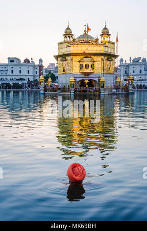 Amritsar, Punjab, Indien: ein Sikh Mann nimmt ein heiliges Bad an der Amrit Sarovar (Pool von Nektar) der Goldene Tempel beleuchtet in der Abenddämmerung. Stockfoto